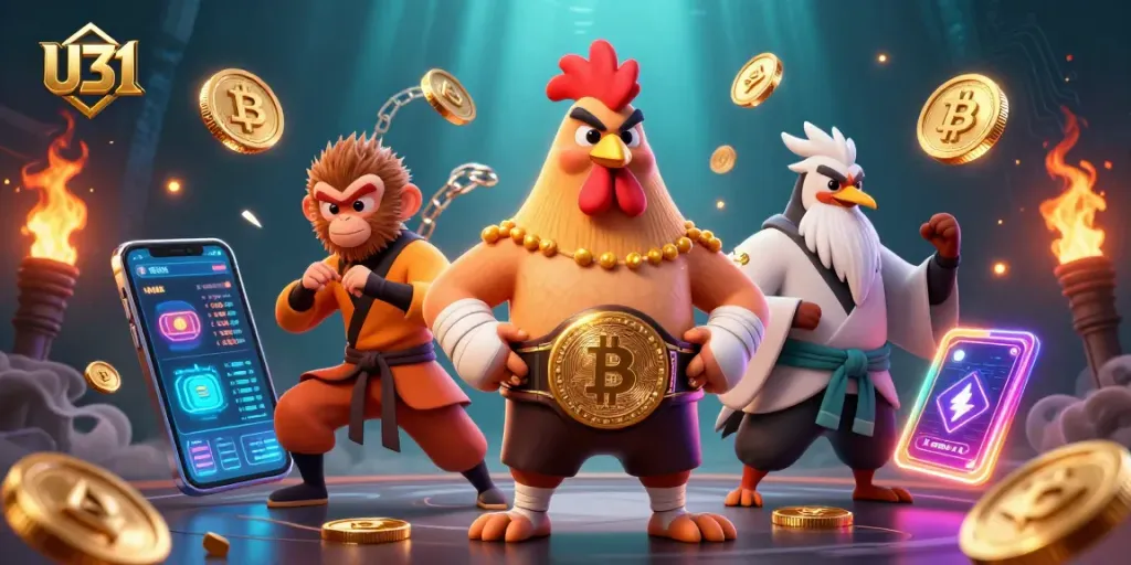 Engage with U31 online casino, showcasing vibrant characters and crypto-themed elements.