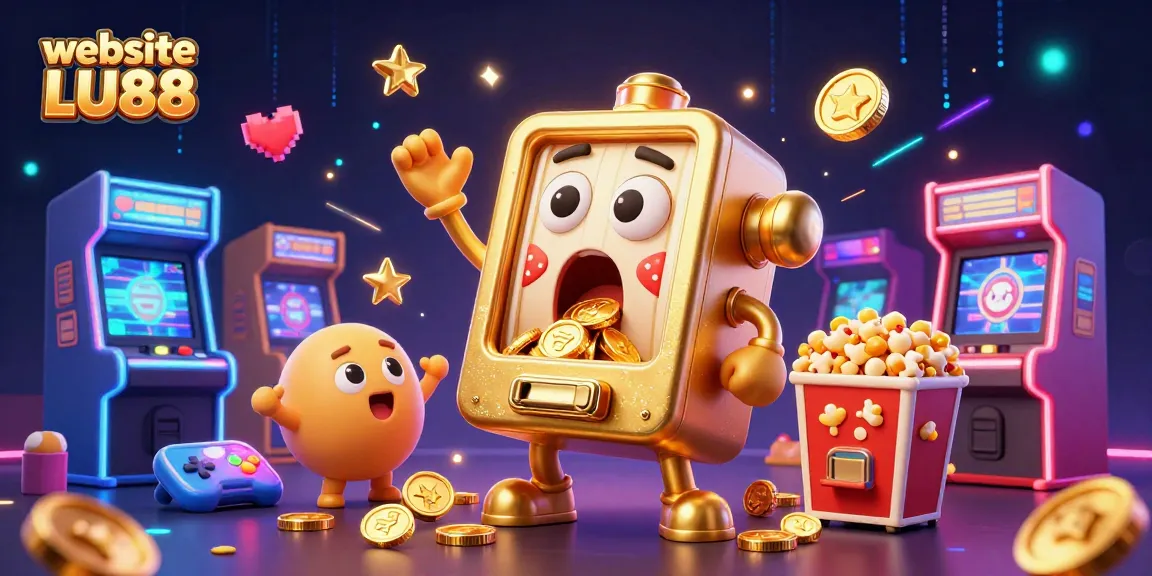Experience jackpots at website LU88 with a vibrant 3D casino illustration featuring dynamic slot machines.