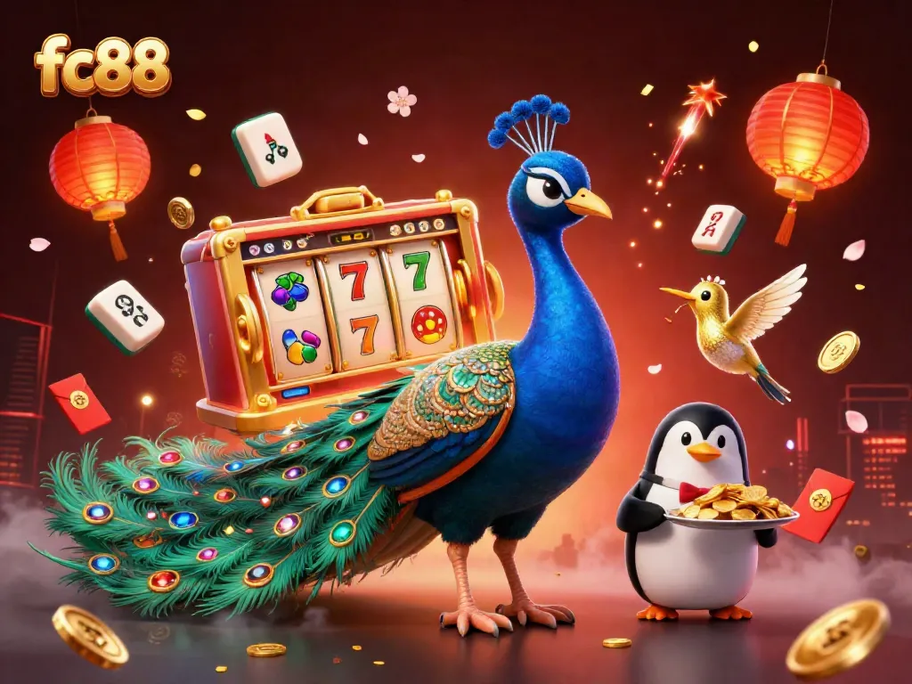 Experience the excitement of fc88 with a vibrant casino scene featuring a peacock, butler penguin, and hummingbird.