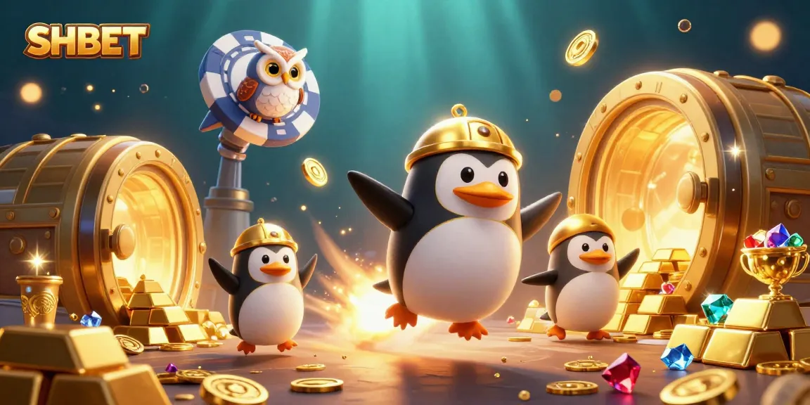 Experience thrilling gameplay with SHBET’s dynamic casino universe, featuring a golden penguin and treasure.