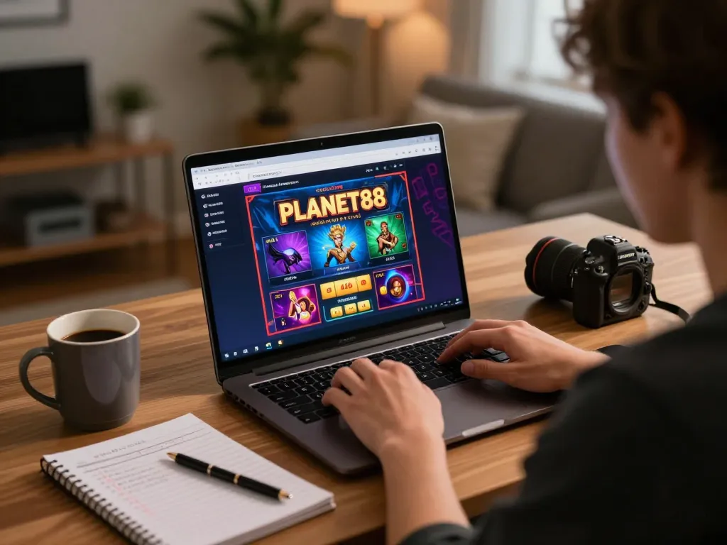 Engaging in dynamic gameplay on PLANET88 casino from a cozy home setting with strategic notes nearby.