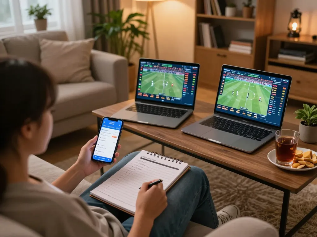 Person engaging in online sports betting on multiple devices, representing cm88seo.