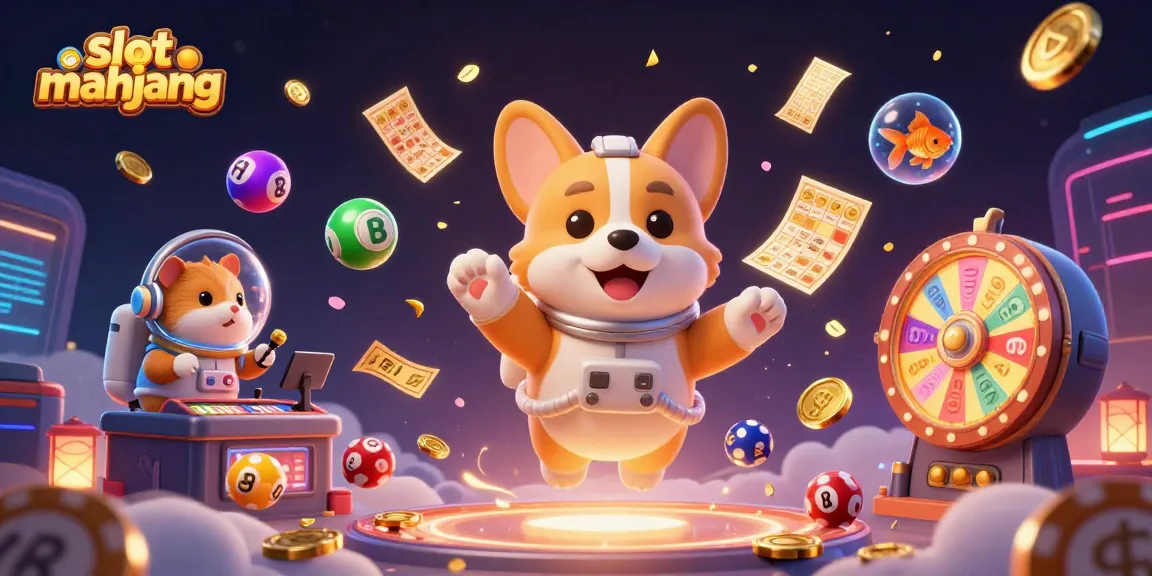 Engage with slot mahjong action in a playful 3D scene with animated characters and vibrant casino elements.