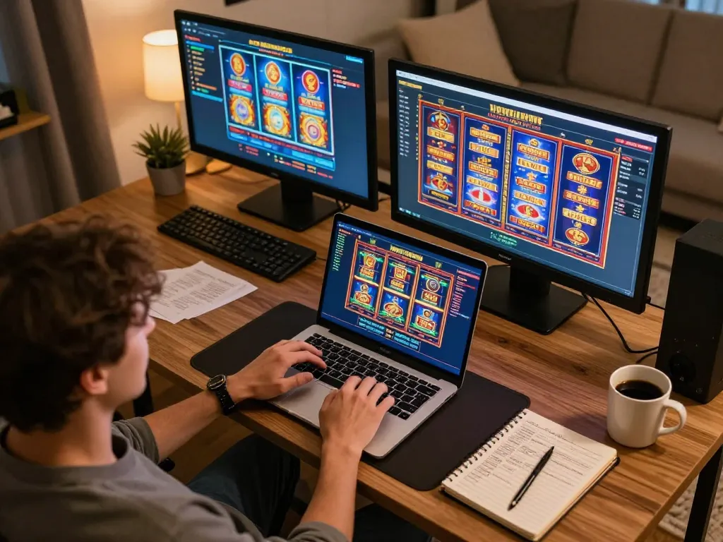 Engaging gameplay on trang chủ 98win with vibrant online slot machines displayed on a laptop.