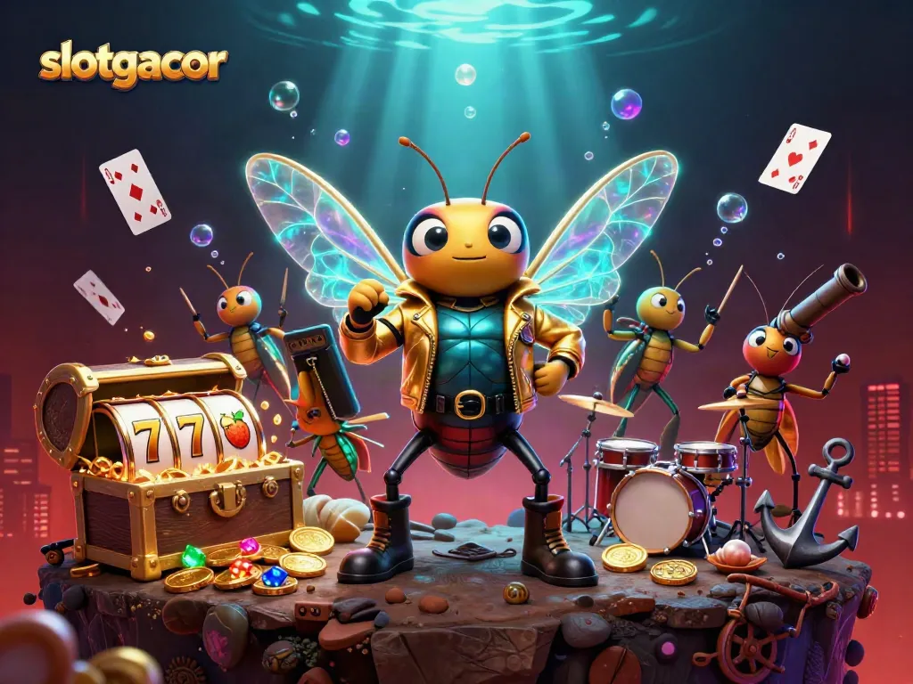 Menangkan slotgacor dengan cicada rock star dan simbol permainan berkilauan.