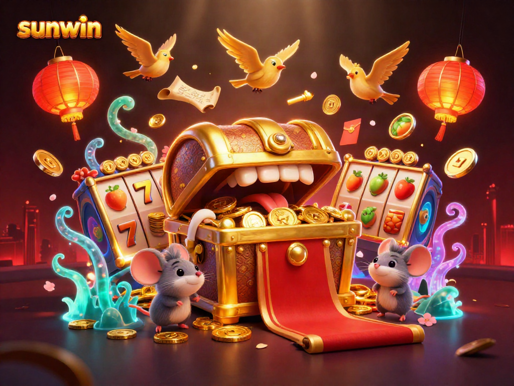 Engage in the vibrant universe of Sunwin, featuring a treasure chest and casino-themed elements.