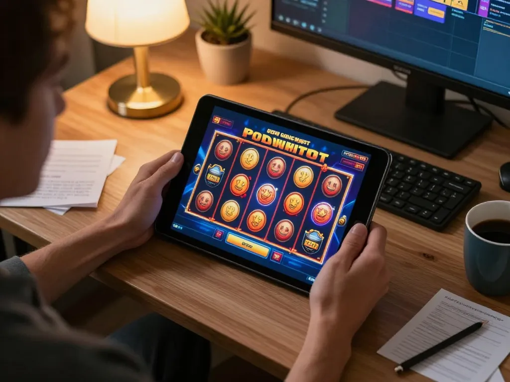 Engaged player enjoying non Gamstop casinos on a tablet, showcasing vibrant game graphics and home workspace.