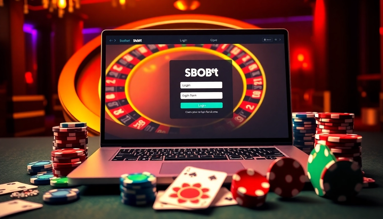 Engage with sbobet login on a vibrant online gambling interface featuring poker chips and a roulette wheel.