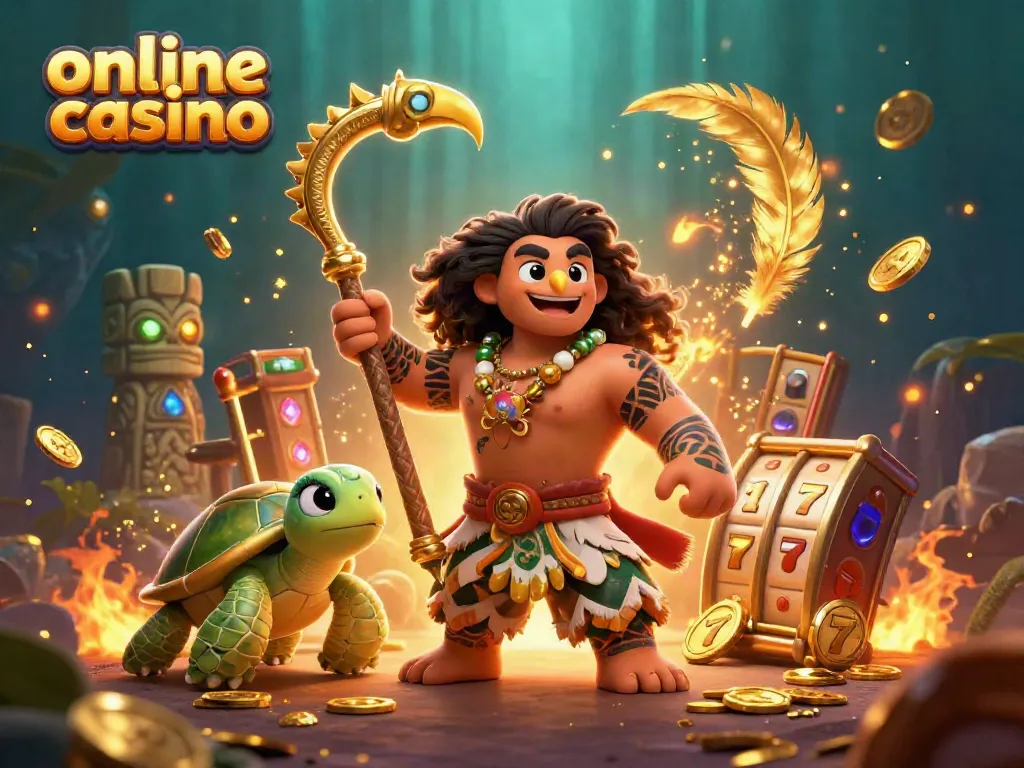 Engaging online casino illustration featuring tribal hawk, turtle, and dynamic slot game elements.