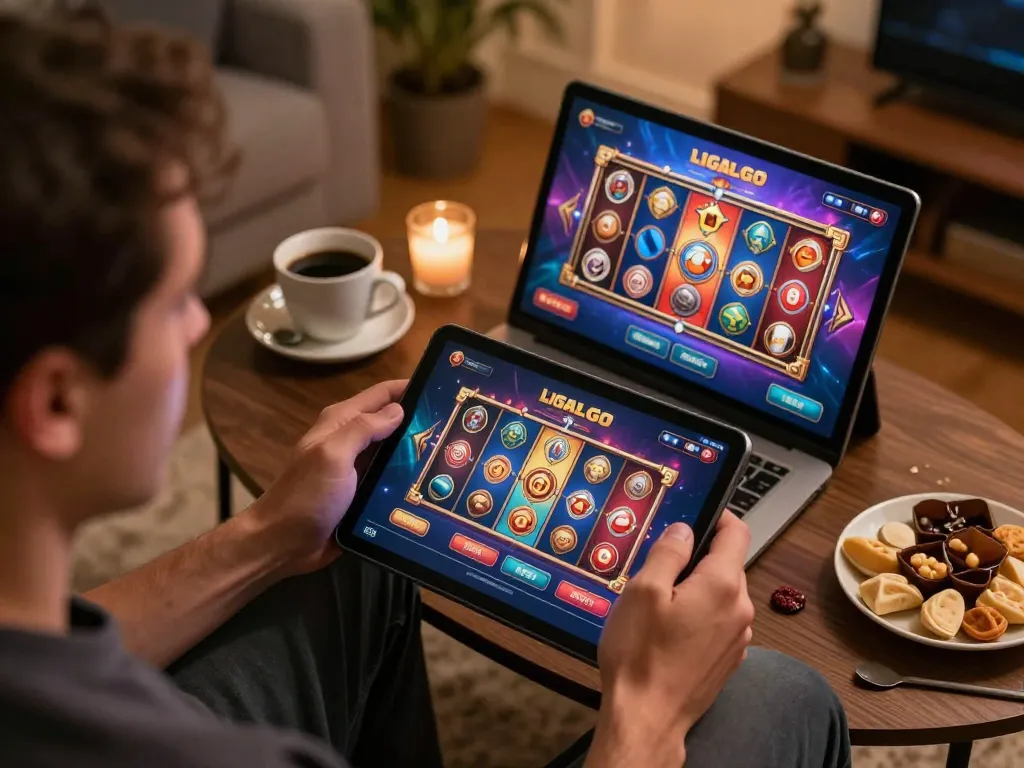 LIGALGO user enjoying online slots on a tablet with snacks in a cozy home setting.