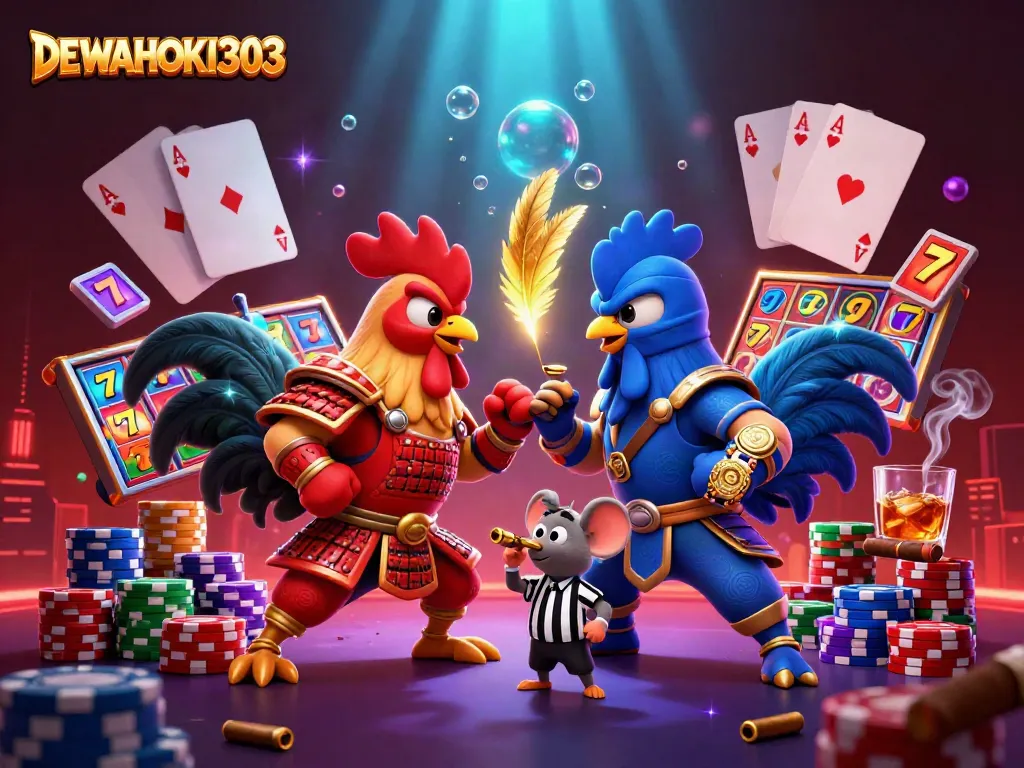 DEWAHOKI303 menyajikan roosters tempur dengan simbol slot menggenggam keberuntungan.
