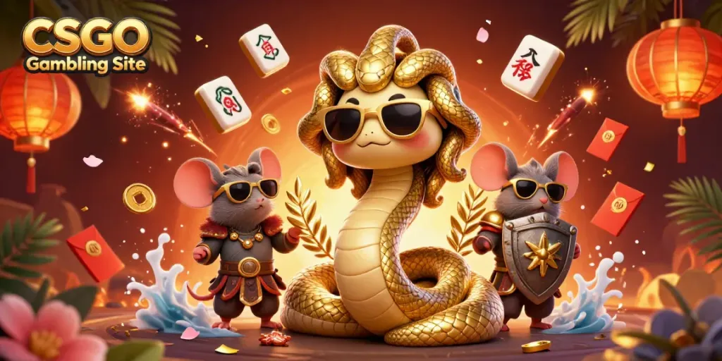 Play games at a CSGO Gambling Site with Medusa and a warrior mouse in a vibrant digital scene.