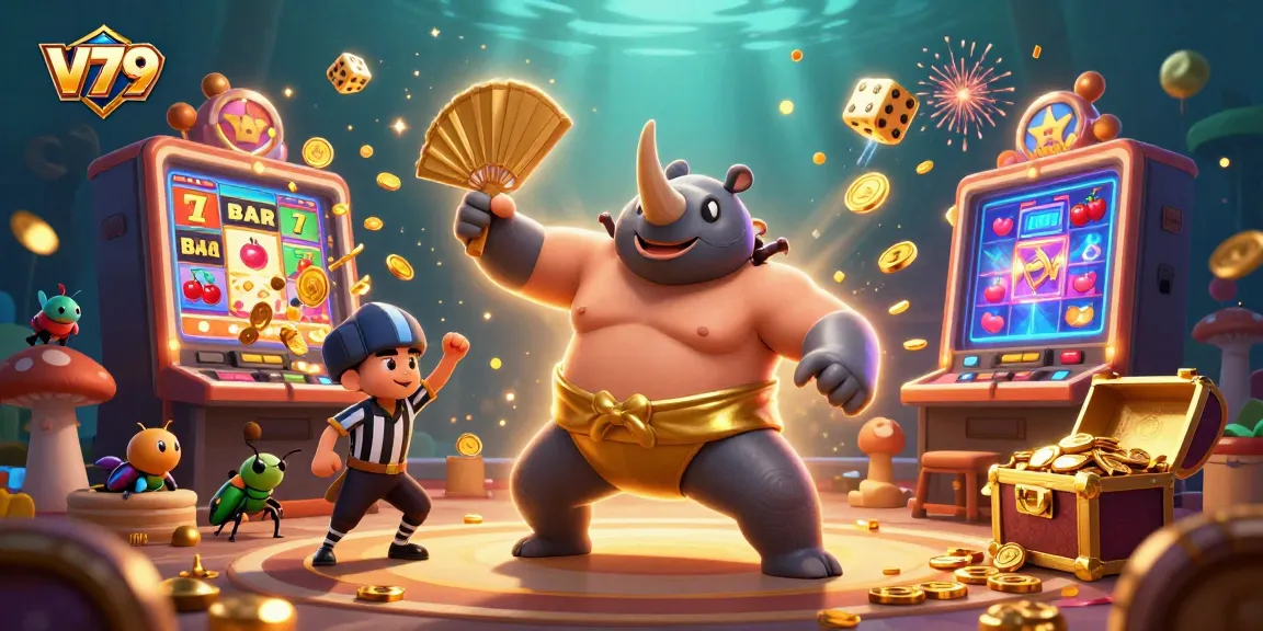 Experience winning moments at V79 with a vibrant illustration of a sumo beetle champion amidst casino excitement.