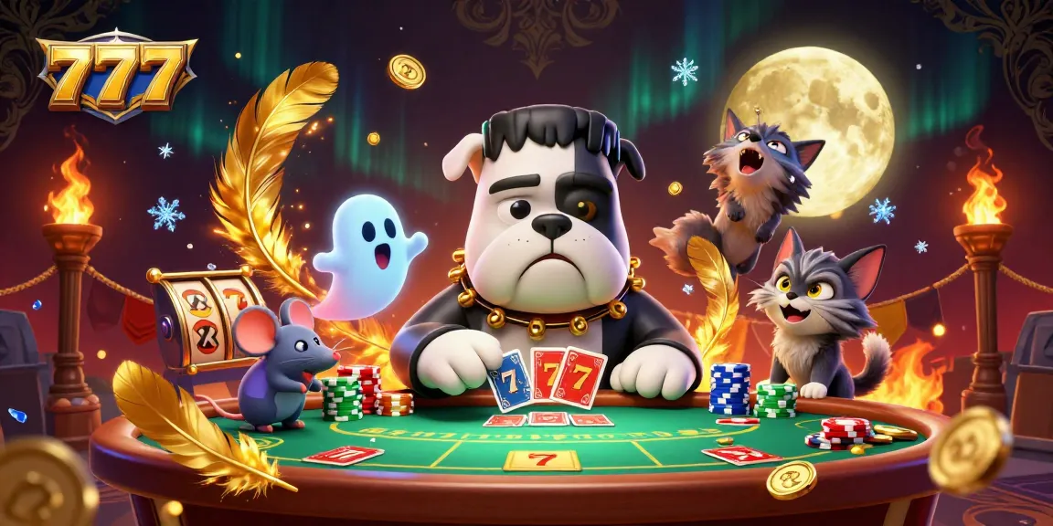 Experience the thrill of 777 with vibrant 3D characters and casino elements at a green-lit gaming table.
