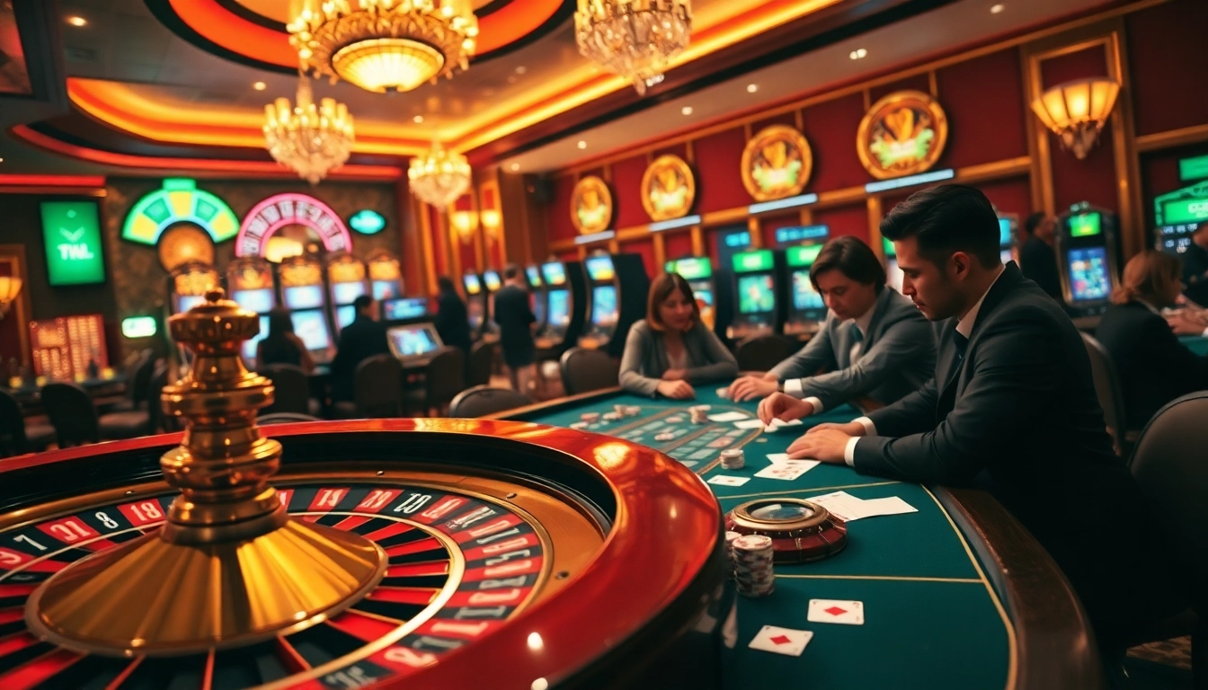 Experience the excitement of gambling at 98win58 with players enjoying poker and roulette in a luxurious casino setting.