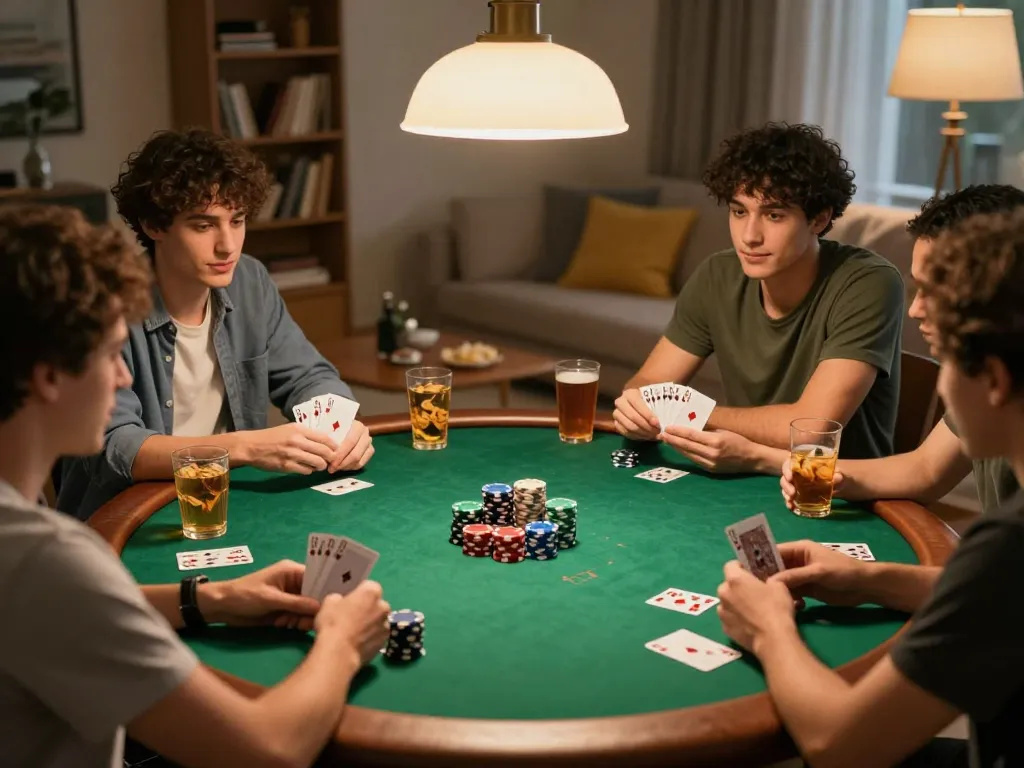 Players engaging in a lively poker game at home, showcasing CM88 gambling strategies and social interaction.