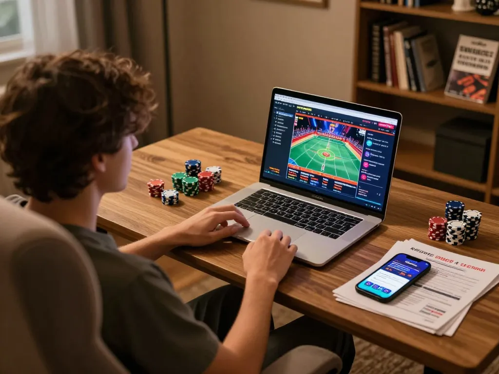 Engaging visual of a responsible gambler exploring nhà cái uy tín through a laptop, reflecting modern online gaming lifestyle.