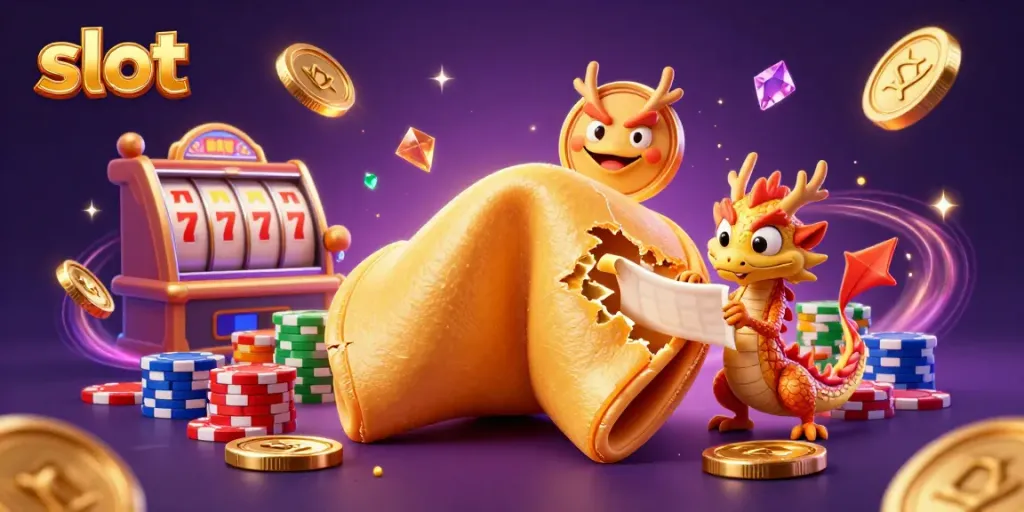 Slot permainan menarik dengan karakter unik, simbol keberuntungan, dan chips berwarna cerah di kasino.