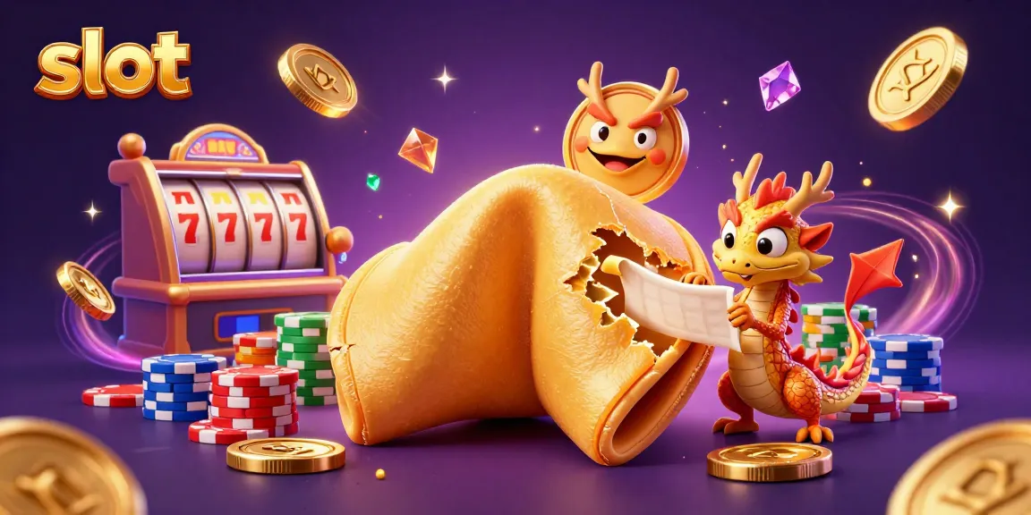 Slot permainan menarik dengan karakter unik, simbol keberuntungan, dan chips berwarna cerah di kasino.