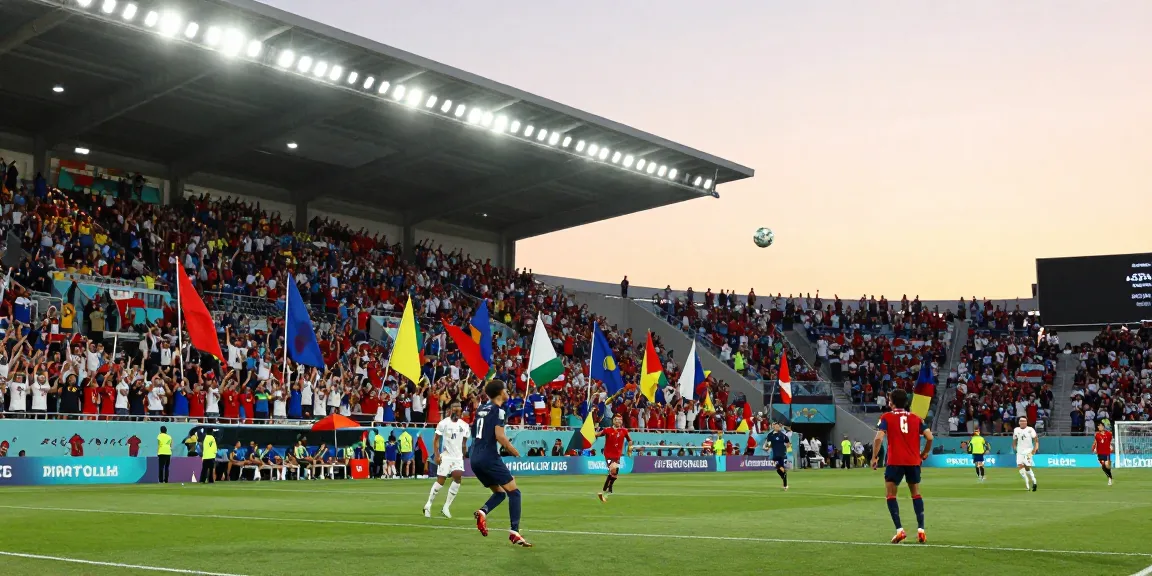 World Cup 2026 soccer match with cheering fans and players in action.