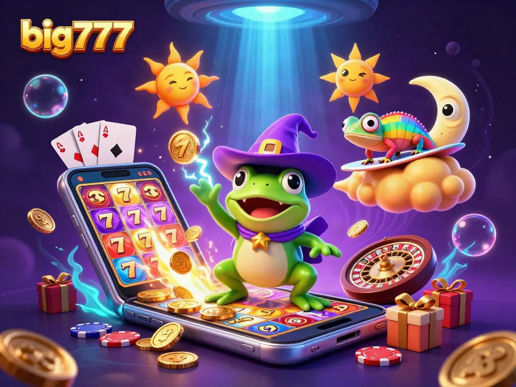 Spin the reels in the big777 slot game as gold coins rain from the wizard frog's storm