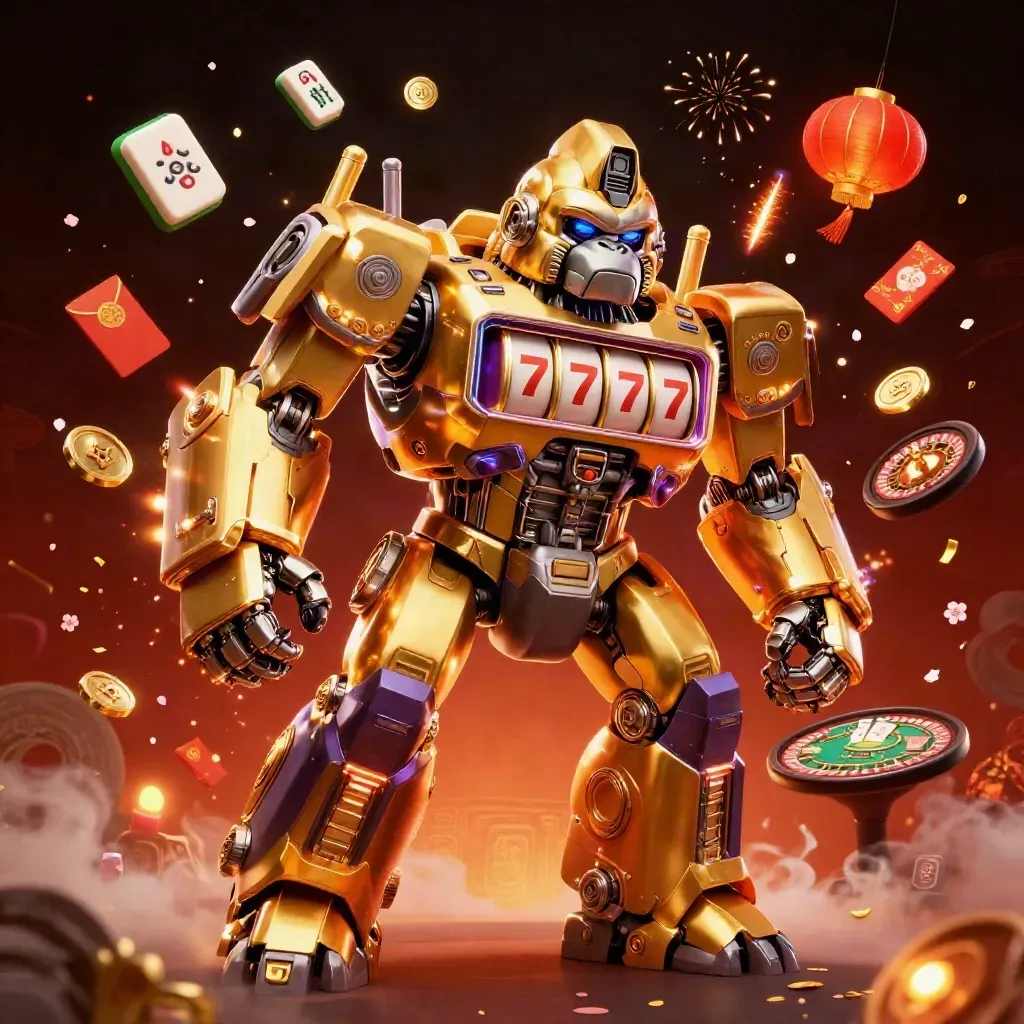 Golden gorilla mech with tiny monkey pilot amid casino treasures and glowing lanterns