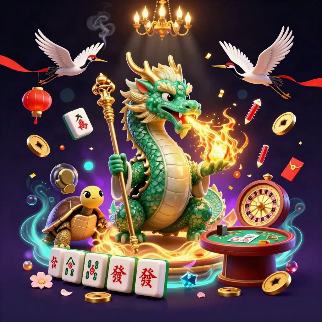 Jade dragon, turtle sage, and cranes in a glowing casino fantasy with roulette and lanterns.
