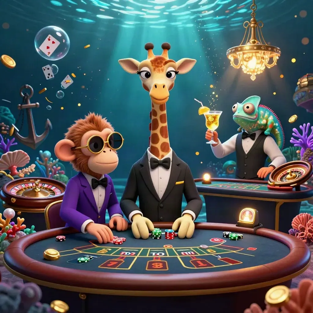 Giraffe high roller with valet monkey and chameleon bartender in an underwater casino treasure cove.