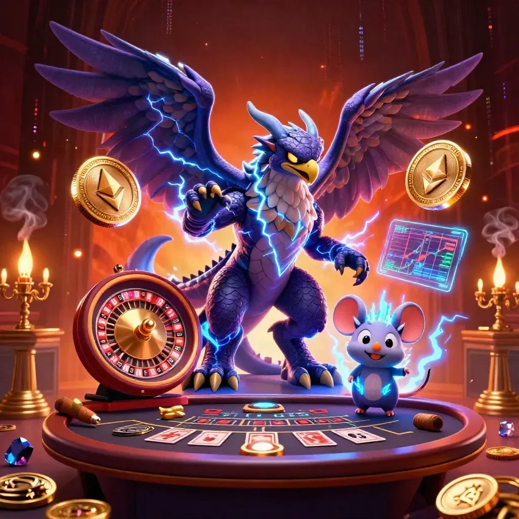 Thunder dragon, wind hawk, and static mouse amid casino lightning, coins, embers, and brass glow.