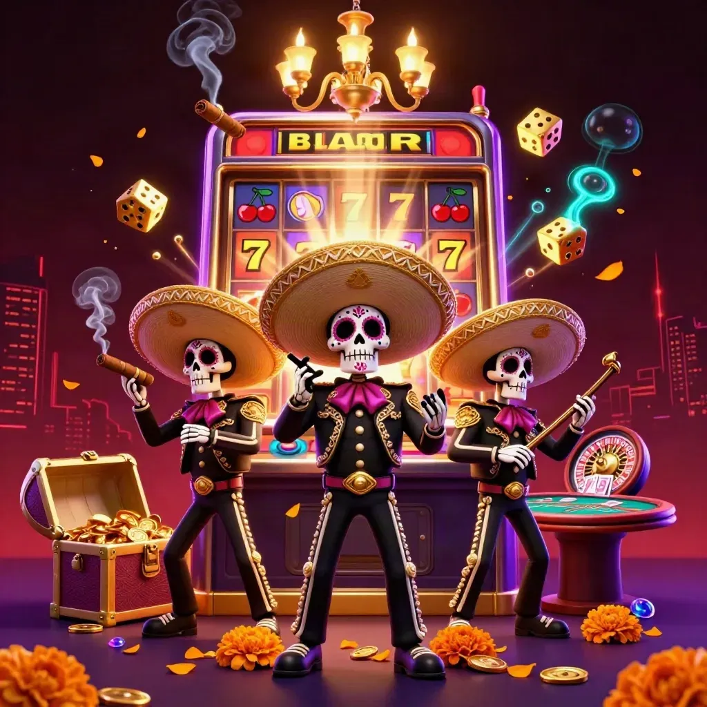 Day-of-the-Dead skeleton mariachi trio with casino burst, gold, neon glow, and chandelier smoke