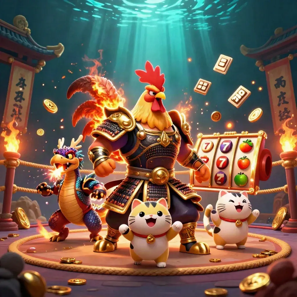 Rooster warrior, dragon hatchling and fortune cat in a fiery casino fantasy with gold coins and reels.