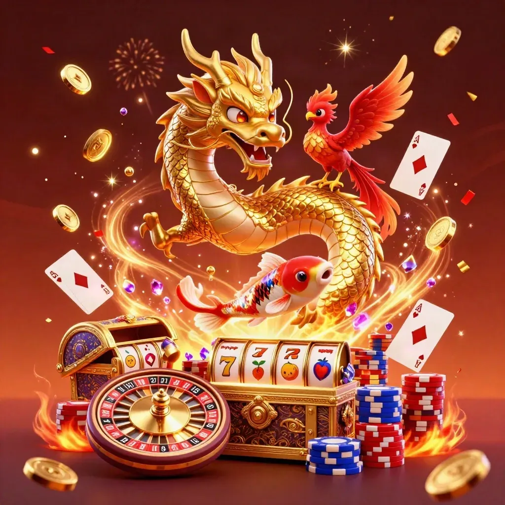 Golden dragon, phoenix, and koi amid coins, gems, cards, chips, and casino lights.