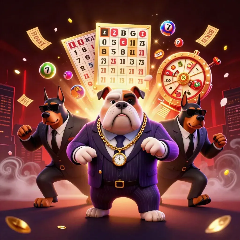 Bulldog mob boss and two Doberman guards amid casino bursts, glowing skyline and red light.