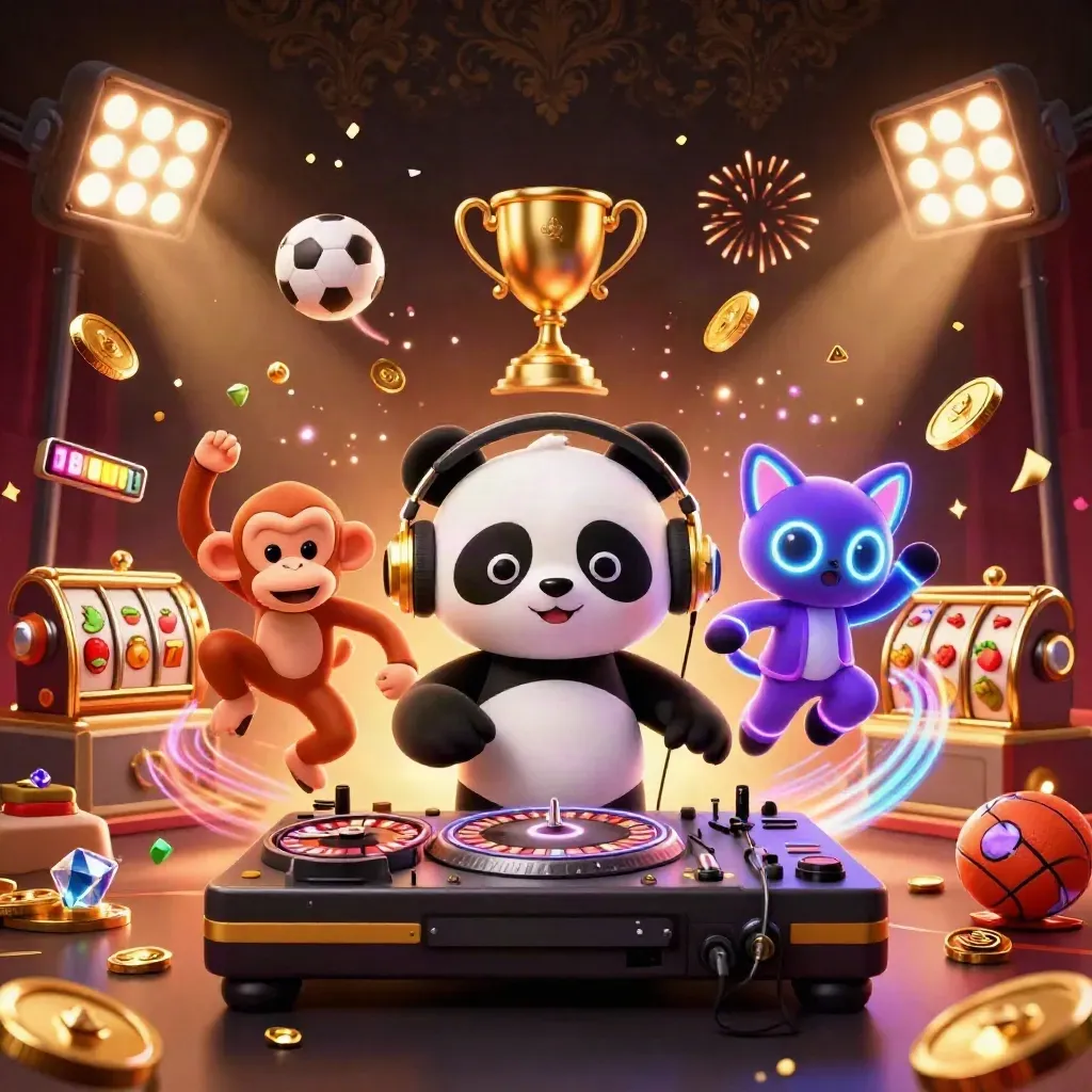 DJ panda, breakdancing monkey and glow-stick kitten amid casino sports fireworks and gold coins.