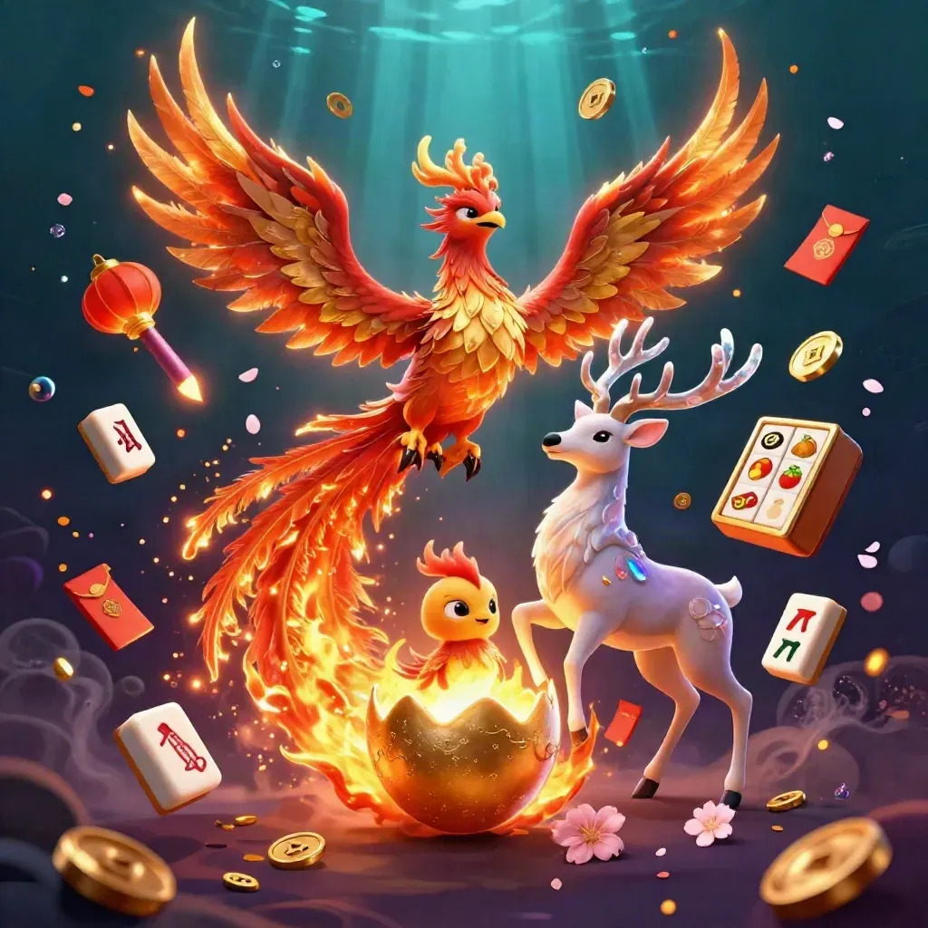 Fire phoenix, baby hatchling, and crystal-antler stag amid casino treasures underwater glow
