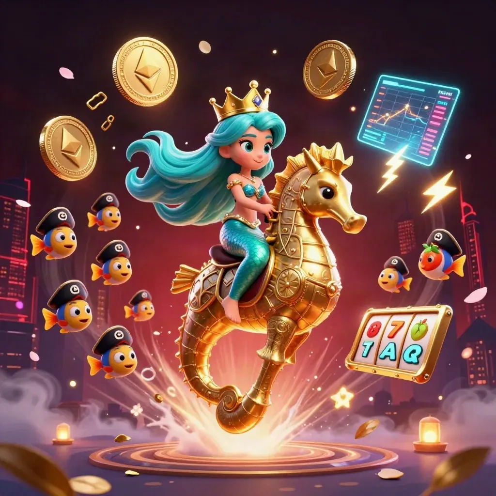 Mermaid princess on golden seahorse with pirate fish, neon crypto and casino effects.