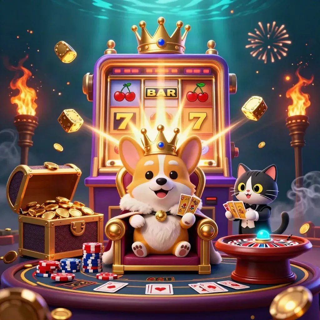 Royal corgi and cat butler amid casino treasure burst, coins, slot rays, and fireworks