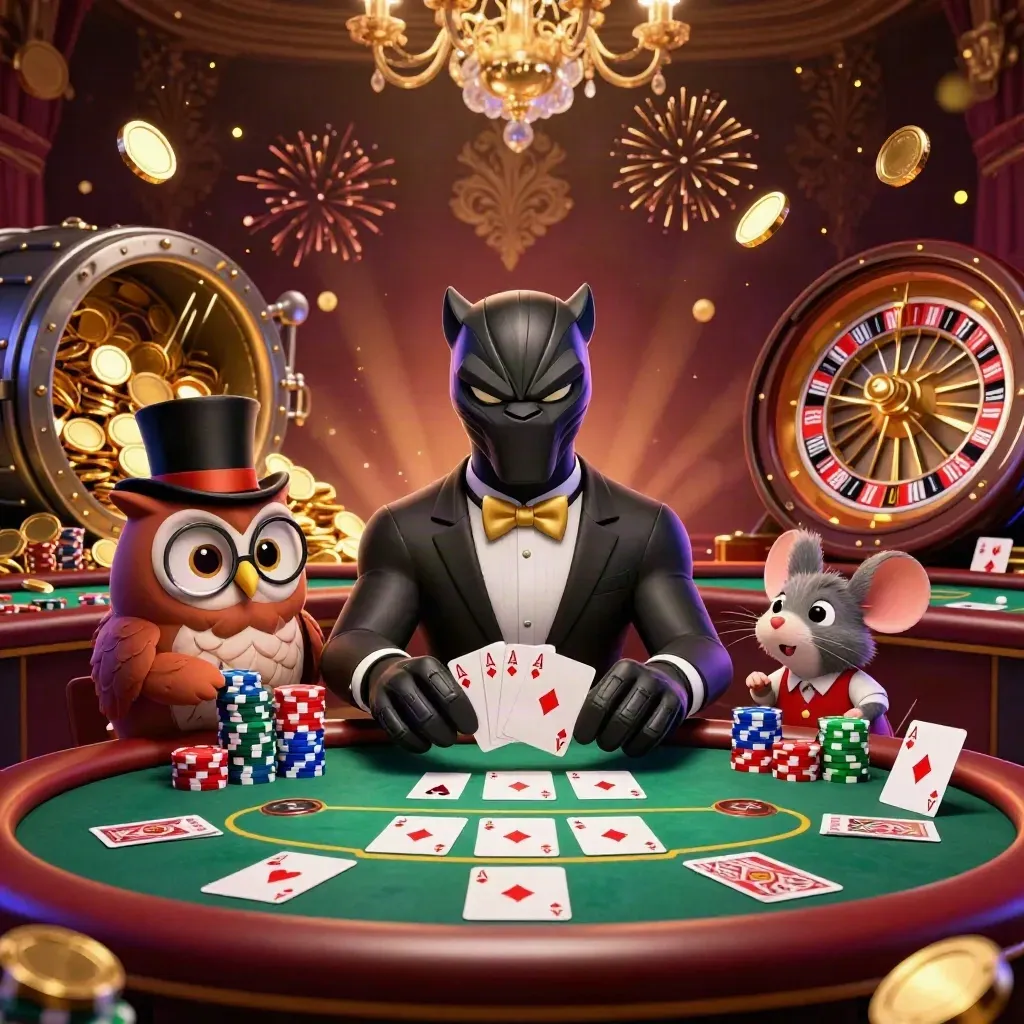 Panther, owl, and mouse in a luxury casino celebration with coins, cards, and fireworks.