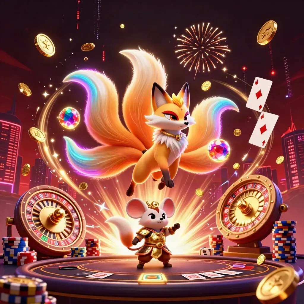 Neon fox spirit and armored mouse amid casino coins, gems, roulette wheel, and dark luxury glow