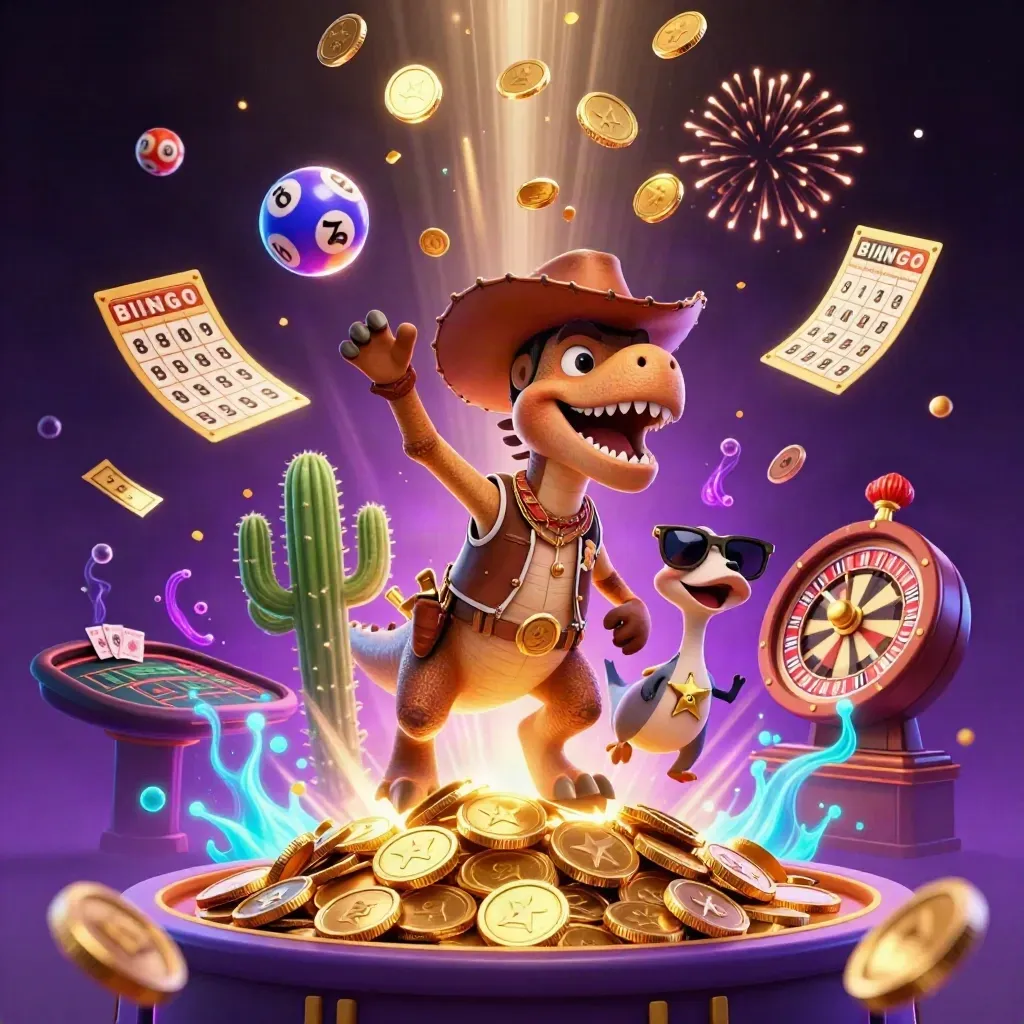 Cowboy T-Rex, cactus and roadrunner amid coins, fireworks and casino game icons on a purple-gold backdrop