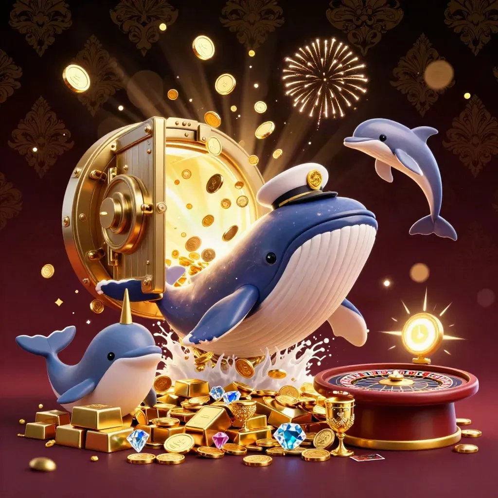 Whale captain, narwhal, and dolphins amid coins, vault light, jewels, and casino glamour.