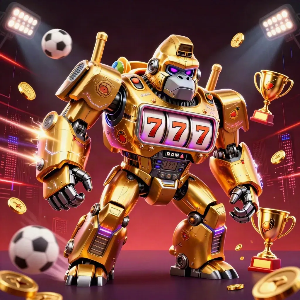 Golden gorilla mech with tiny pilot, reels and sports balls exploding in a dark casino glow