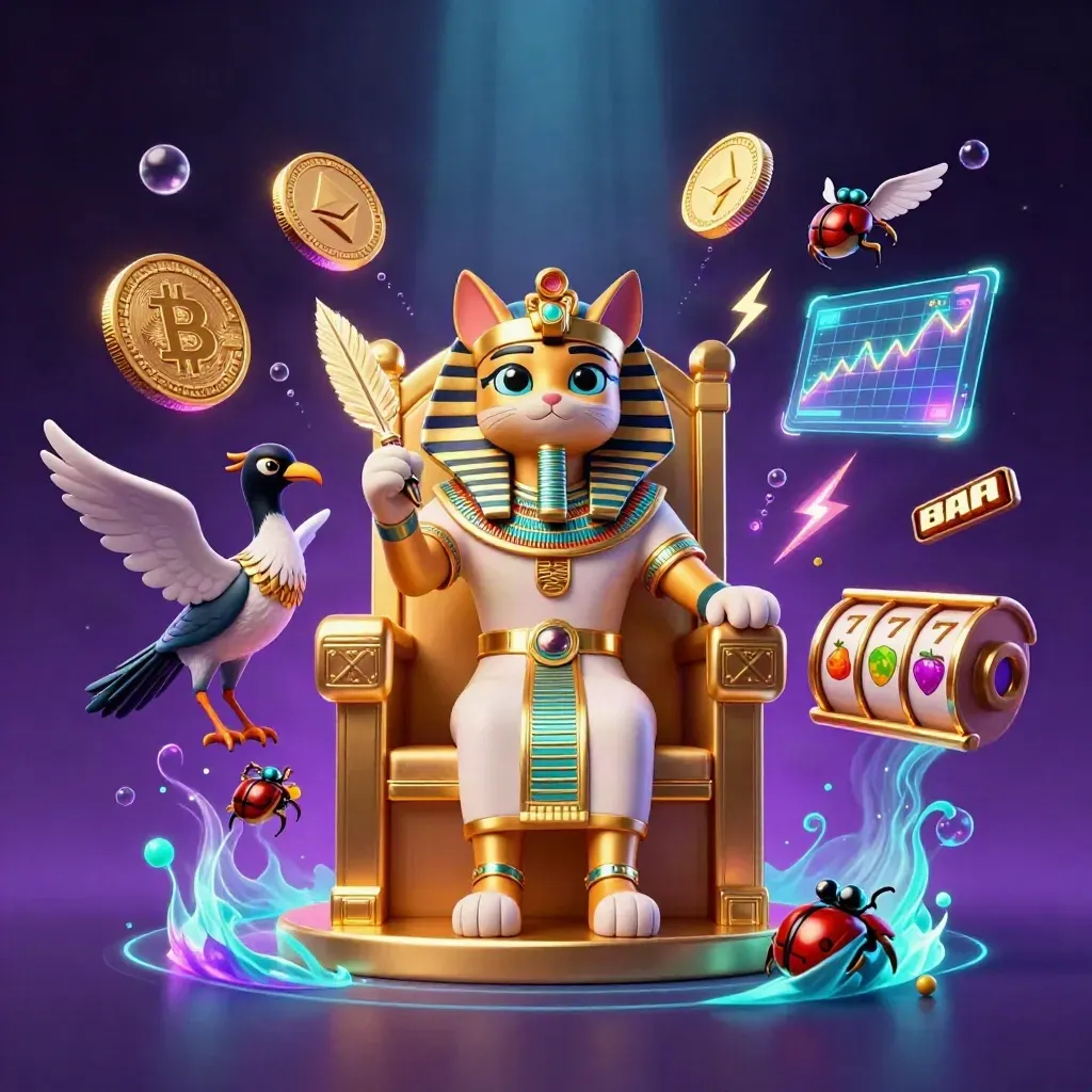 Pharaoh cat on golden throne with ibis scribe, scarabs, coins, neon magic, purple-gold casino glow