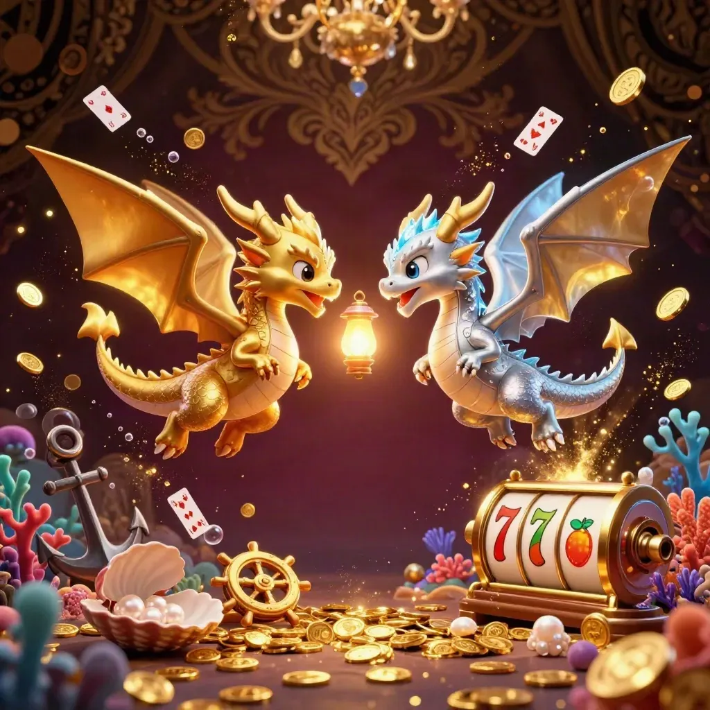 Twin gold and silver dragons in a luxe casino fantasy with fire, ice, and treasure glow.