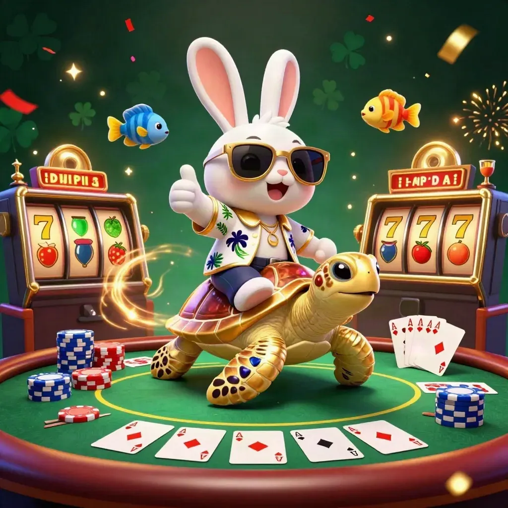 Lucky rabbit on golden turtle amid casino chips, cards, reels and fireworks in dark emerald glow.
