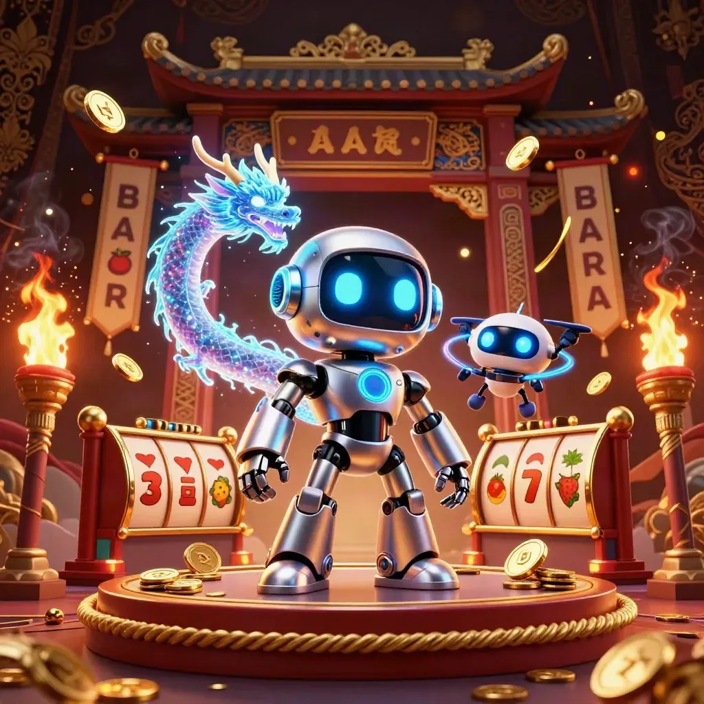 Chrome robot mascot, holographic dragon, and coin drone amid casino gold, purple, and ember effects.