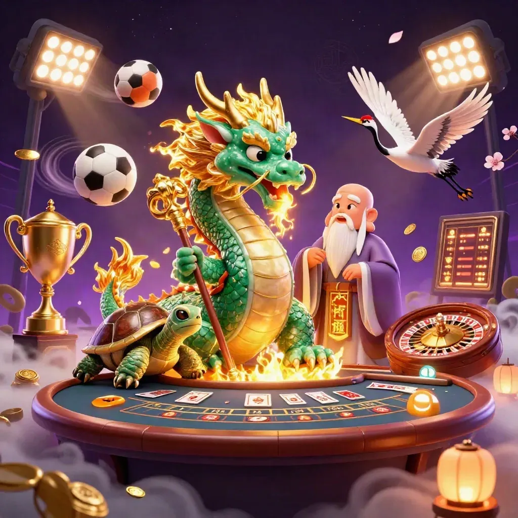 Jade dragon, turtle sage, and cranes amid casino rewards, coins, and glowing lights.