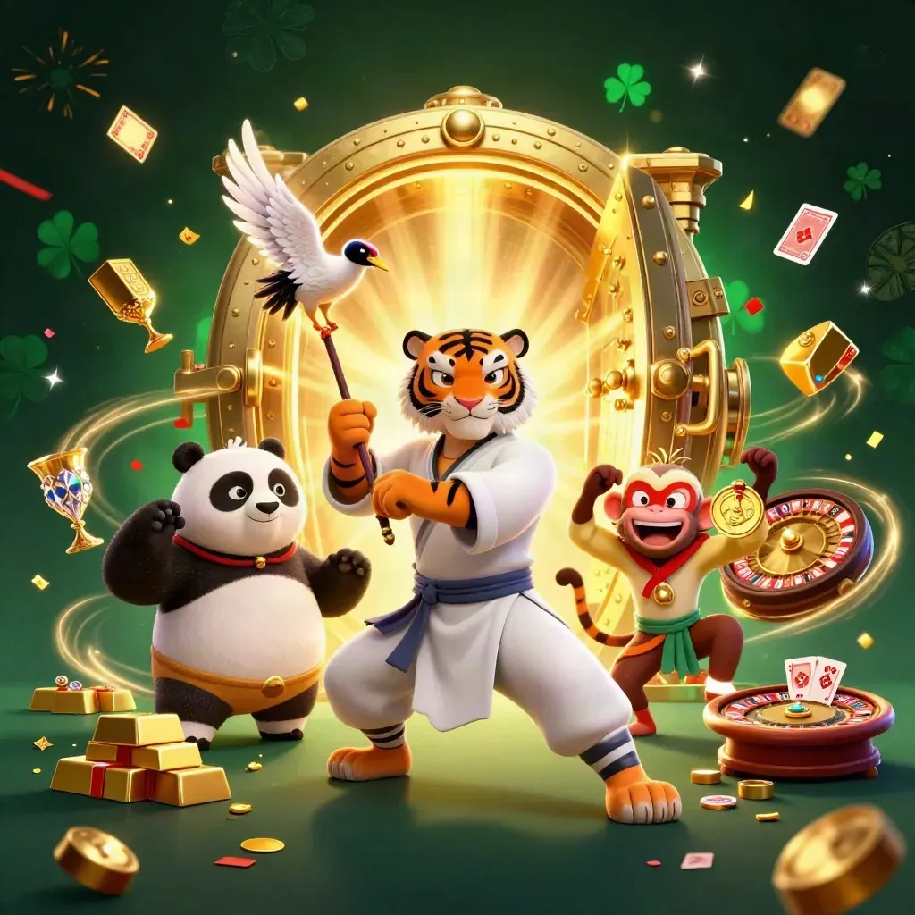 Kung-fu tiger, panda, and monkey amid a gold vault and casino sparks.