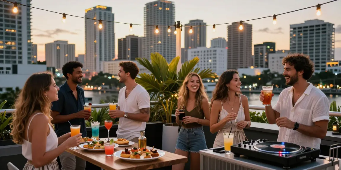 Suasana pesta rooftop yang meriah di Miami, menampilkan https://miami4d.com/ dan keindahan kota.