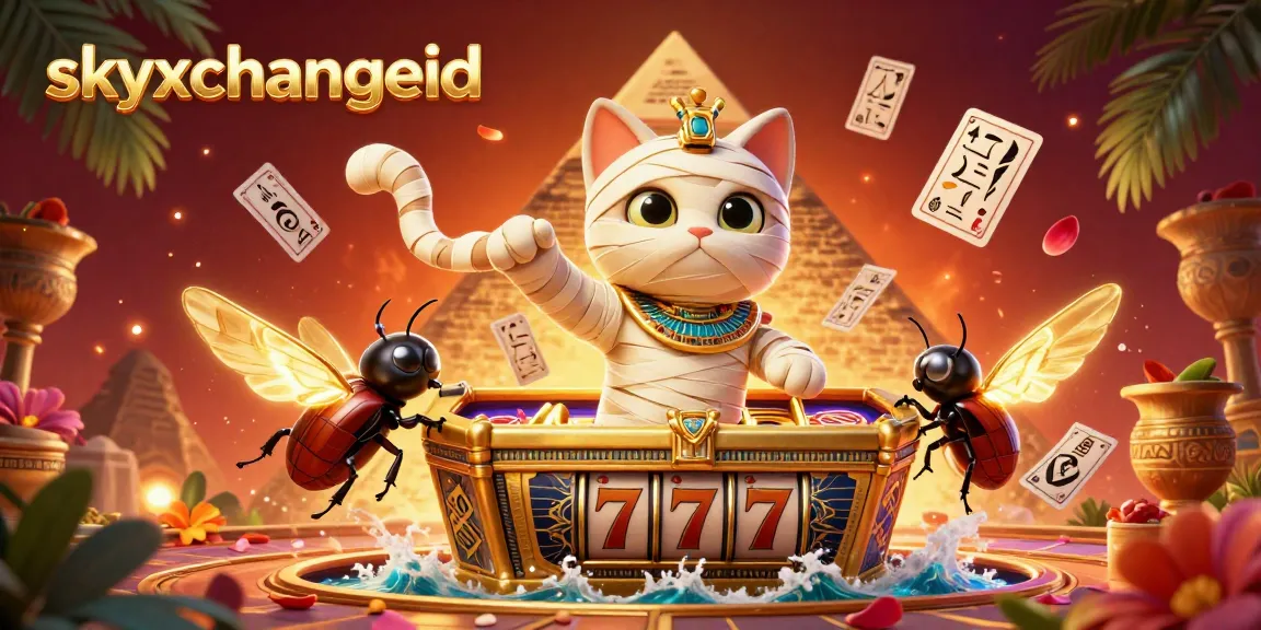 Engage with skyxchangeid in a vibrant, dynamic casino scene featuring a mummy cat and golden scarab.